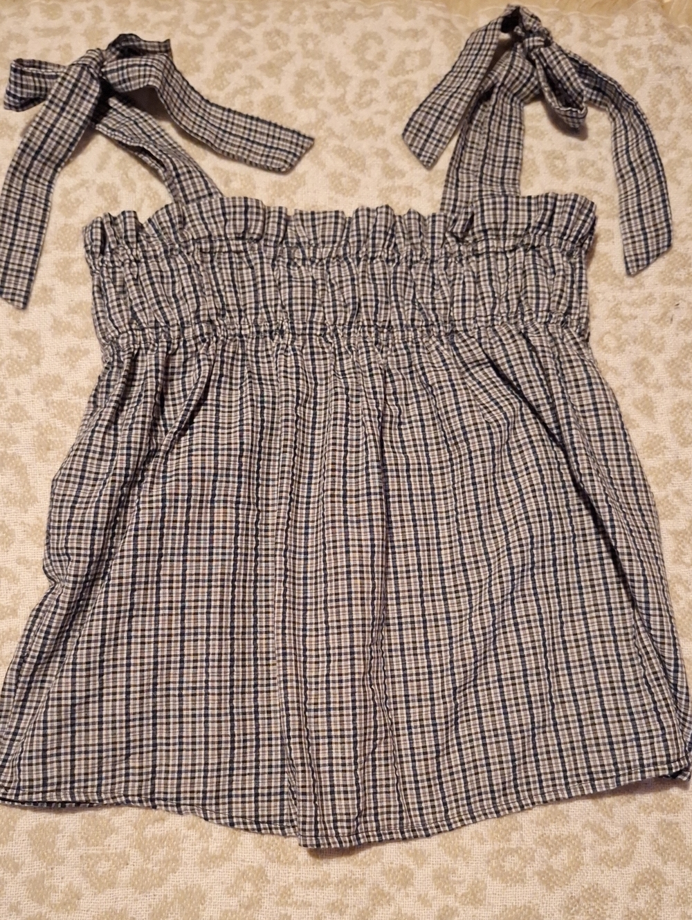 Smocked Tie-Shoulder Plaid Crop Top - Blue/White
